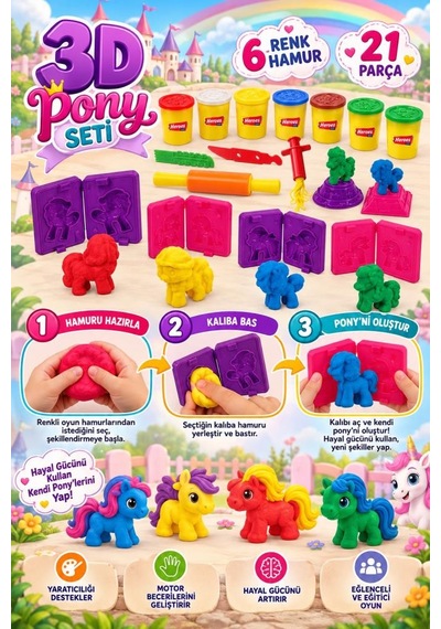 3d Pony Hamur 21 Parça 6 Farklı Renkli Pony Kalıplı Ve Çeşitli Aksesuarlı Oyuncak Oyun Hamuru Seti Çok Renkli