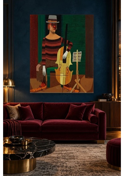 Fida Pelle Aberg Çello Çalan Şapkalı Palyaço Canvas Tablo Çok Renkli