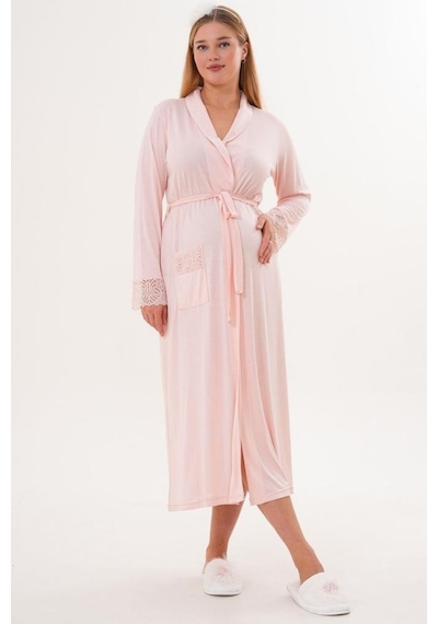 Mecit Pijama Mecit 6306 Pudra Kadın Uzun Kollu Uzun Sabahlık Pudra