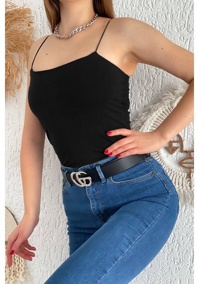 Noa & Noa Kadın İnce Askılı Düz Crop Atlet White Base Siyah