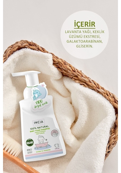 INCIA %100 Doğal Organik Sertifikalı Bebek Köpük Şampuanı Saç Vücut Lavanta Konak Önleyici Yenidoğan 200 ml