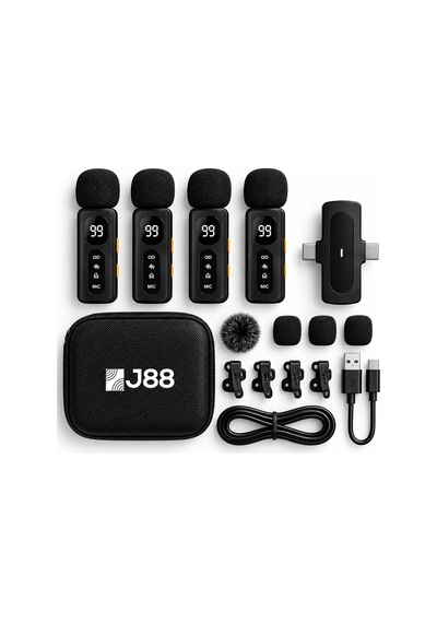 J88 4'lü Kablosuz Yaka Mikrofonu Aı Gürültü Önleyici Lightning Type-c Uyumlu Vlog Röportaj Canlı Yayın Mikrofonu 4 Mikrofon + 1 Alıcı