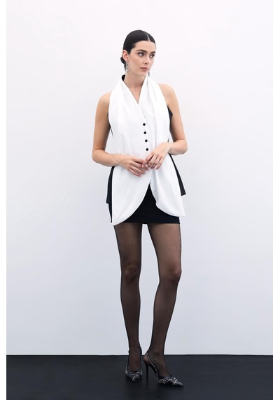Sateen Şal Detaylı Yelek - Siyah-135850 Siyah