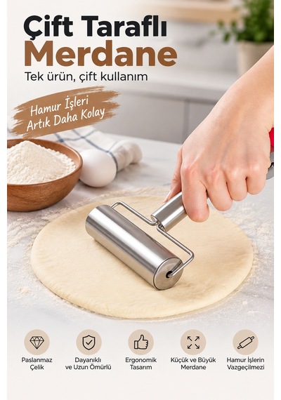 Çift Taraflı Paslanmaz Çelik Merdane Küçük Ve Büyük Hamur Açma Rulosu Ergonomik El Merdanesi
