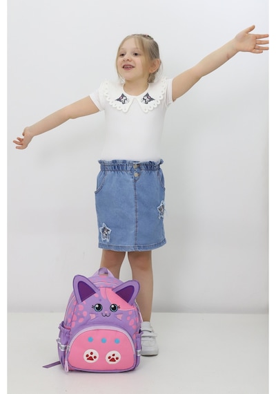 Anaokulu Kız Çocuk Sırt Çantası Sevimli Kedi Figürlü Mor Pembe Desenli