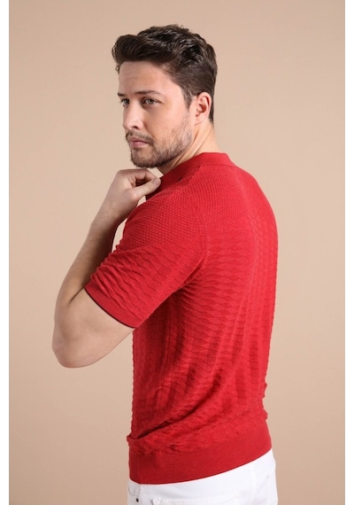Ferraro Kırmızı Polo Yaka Fermuarlı Erkek Pamuk Triko T-Shirt-Kırmızı