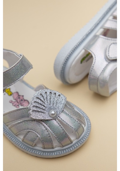 Dilimler Ayakkabı Şirinbebe Ortopedik Kız Bebek Sandalet Gümüş Yelpaze Detaylı Önü Kapalı-4710