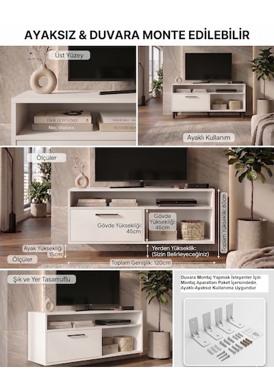 Modern Beyaz Tv Ünitesi 120 Cm - Ayaklı Ve Duvara Monte Edilebilir Çift Yönlü Kullanım