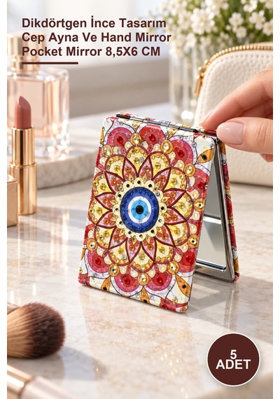 5 Adet Taşlı El Aynası Dikdörtgen İnce Tasarım Cep Ayna Ve Hand Mirror Pocket Mirror 8,5x6 Cm