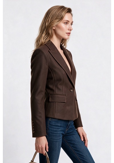 Ekol Kadın Çentikli Yaka Tek Düğmeli Blazer Ceket Yün Karışımlı Kahve