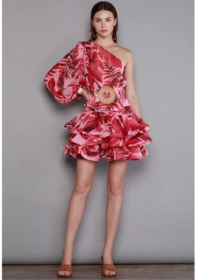 Fashion Cocktail Tek Omuz Tek Kol Asimetrik Katlı Kemerli Mini Kokteyl Desenli Hasır Kemerli Davet Elbisesi Kırmızı Fashion Cocktail Tek Omuz Tek Kol Asimetrik Katlı Kemerli Mini Kokteyl Desenli Hasır Kemerli Davet Elbisesi Kırmızı