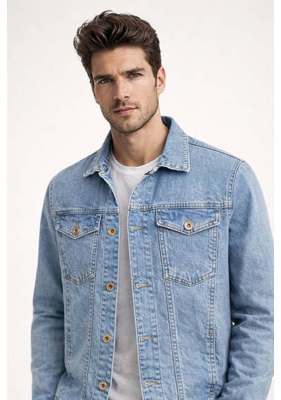 Classics Men Zbd Erkek Jean Denim Standart Kalıp Cepli Düğmeli Kot Ceket 7590 Buz Mavi