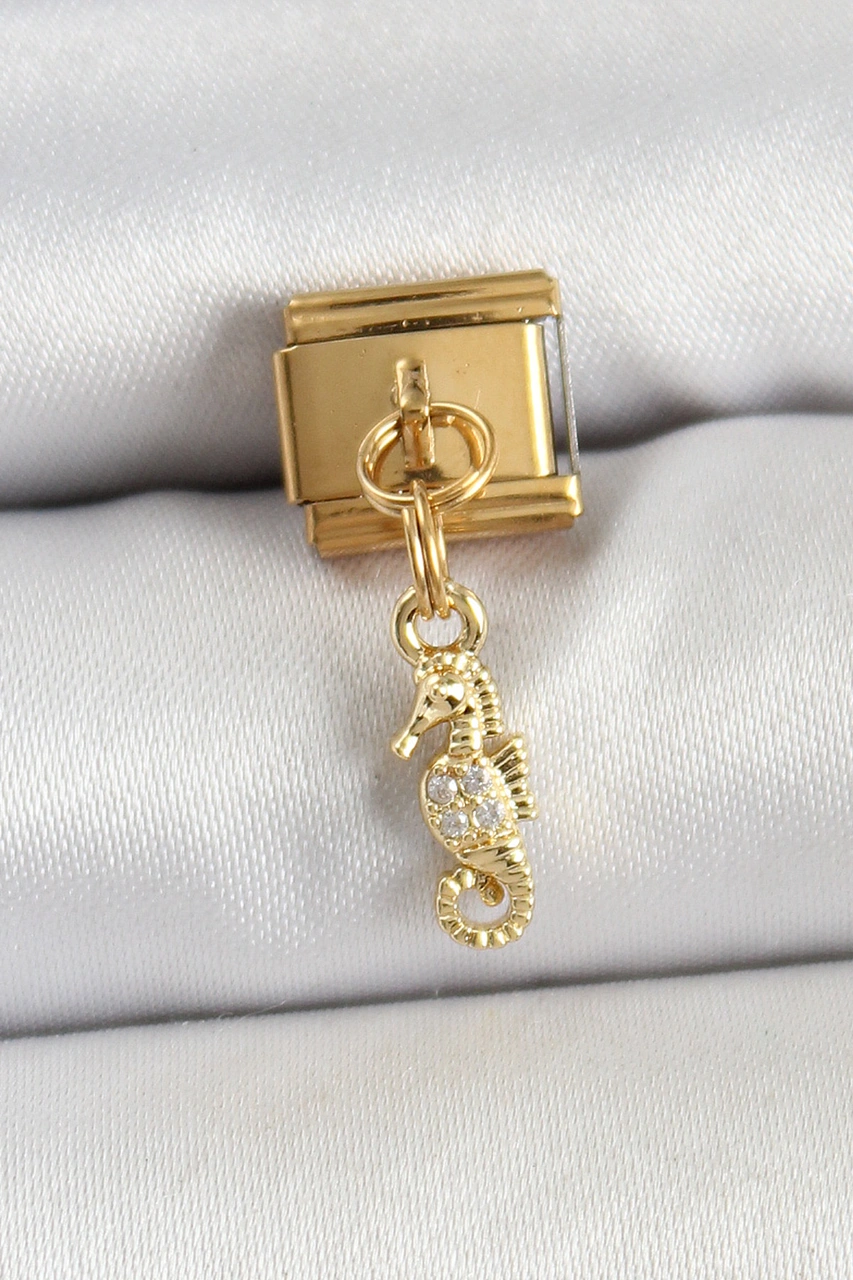 316l Çelik Sallantılı Zirkon Taşlı Deniz Atı Model Gold Renk Nomination Charm Altın
