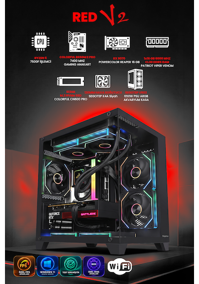 Gamers Arena RED V2 R5-7500F 16 GB 512 GB M2 SSD RX9070 Free Dos Masaüstü Oyuncu Bilgisayarı