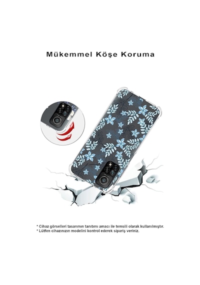 Oppo A94 Uyumlu Köşe Korumalı Floral Mavi Tasarımlı Şeffaf Silikon Kılıf