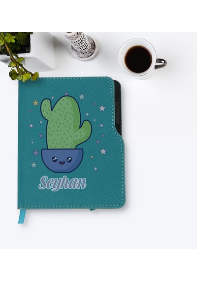 Kişiye Özel Kaktüs Tasarımlı Turkuaz Termo Deri Defter-4 Turkuaz