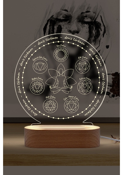Yoga Çakra Sembollü Kişiye Özel Ledli Gece Lambası Masif Ahşap Tabanlı Usb Kablolu Pleksi Led Gece Lambası