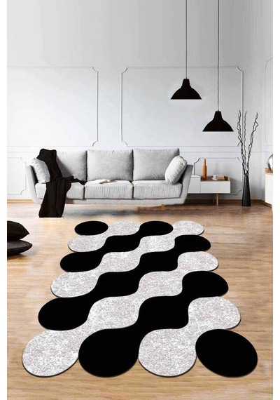 Siyah Daire Desenli Kaymaz Tabanlı Lazer Kesim Halı Ar526n11