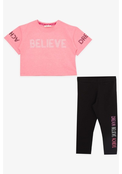 Breeze Kız Çocuk Kapri Taytlı Crop Takım Yazı Baskılı 8-12 Yaş, Neon Pembe Pembe