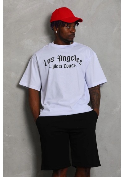 Erkek Kısa Kol Tişört Bisiklet Yaka Kanat Baskılı Oversize T-shirt - Beyaz