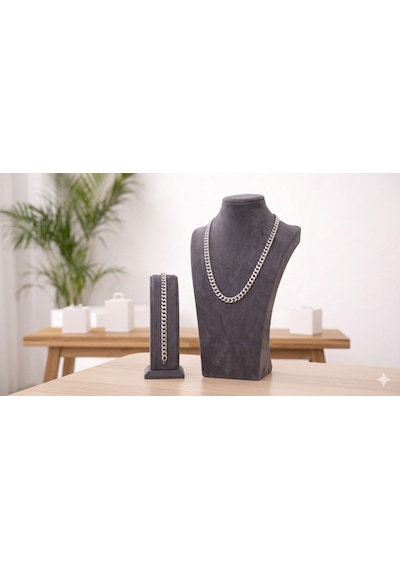 Erkek Gümüş Renk Paslanmaz Çelik Zincir Kolye Ve Bileklik Takımı - 60cm Kolye / 17+5cm Bileklik