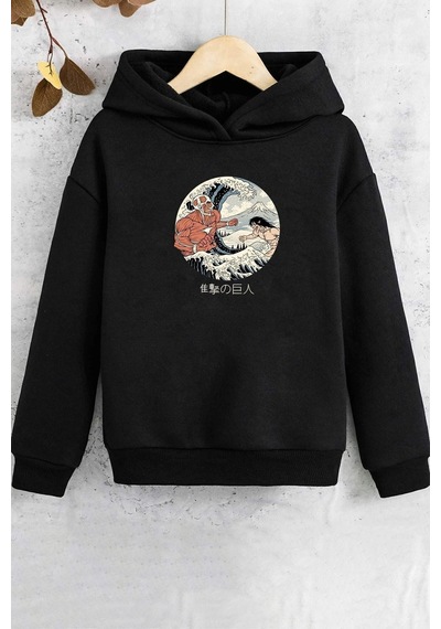 Uyguntarz Çocuk Kanagawa Oki Nami Ura Baskılı Sweatshirt Siyah