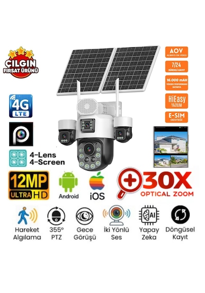 Inox X25 4x3mp 12mp Aov 30x Optik Zoom 4g E-sim Kartlı 2xsolar Panelli 4kameralı 1ptz Akıllı Kamera