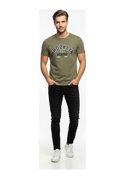 Brooklyn Vintage Baskılı Erkek Günlük T-shirt Spor Kesim Çok renkli