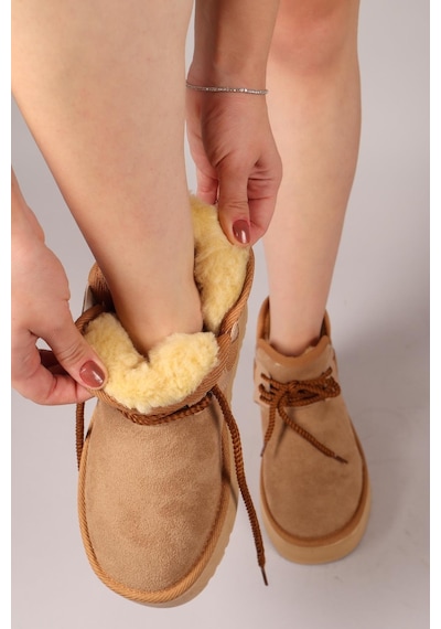 Puff İçi Suni Kürklü Süet Bot Camel-8311 Camel