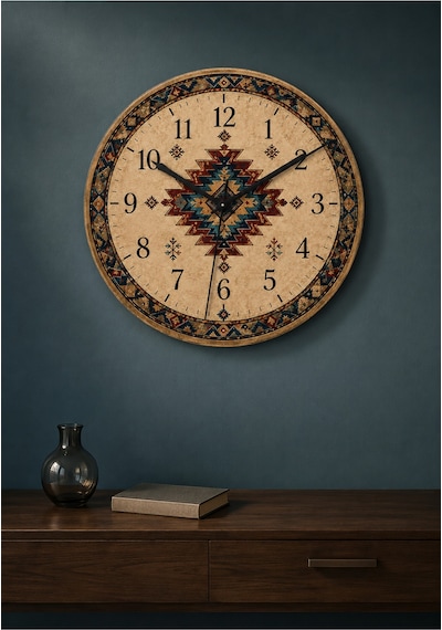 AA Shop Anadolu Motifli Baskılı Duvar Saati Etnik Kilim Desenli Sessiz Dekoratif Baskılı Ahşap Saat 803 Çoklu Renkli
