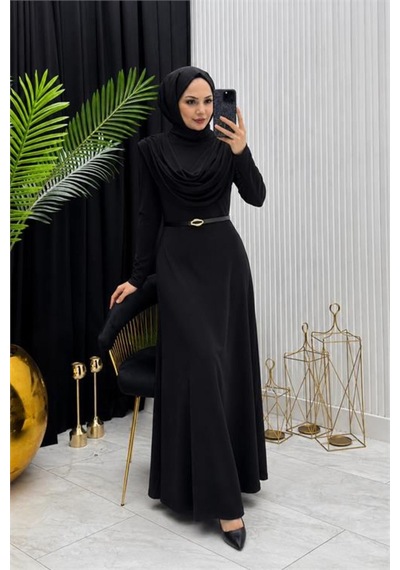 Neşeli Butik Kadın Siyah Sandy Kumaş Degaje Yaka Kemer Detaylı Tesettür Elbise---- Nms096