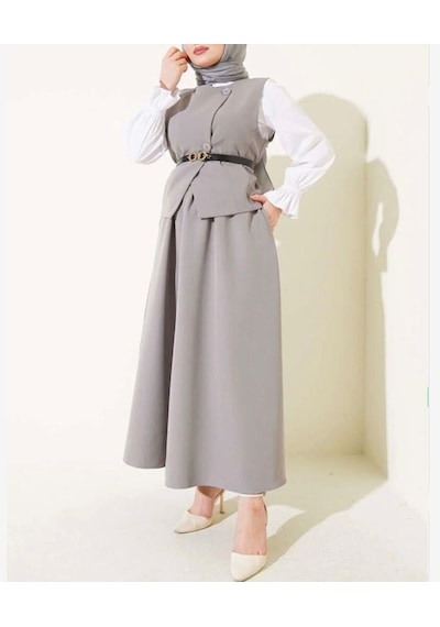 Lovie Moda Kadın Çapraz Düğmeli Etekli Takım Gri