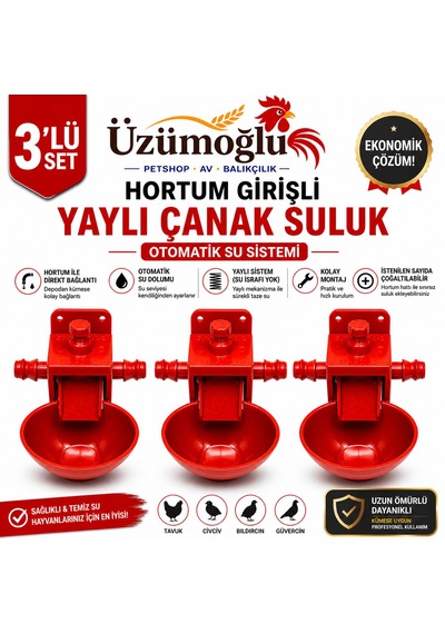 3 Adet Hortum Girişli Yaylı Çanak Suluk Otomatik Tavuk Civciv Suluk Sistemi