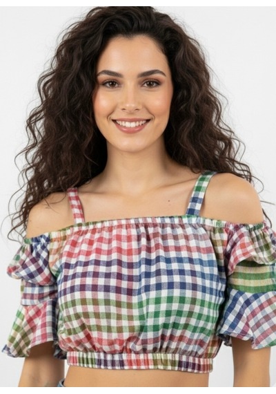 Polologin Butik Kadın Çok Renkli Ekose Desenli, Volan Detaylı Askılı Crop Bluz Mavi