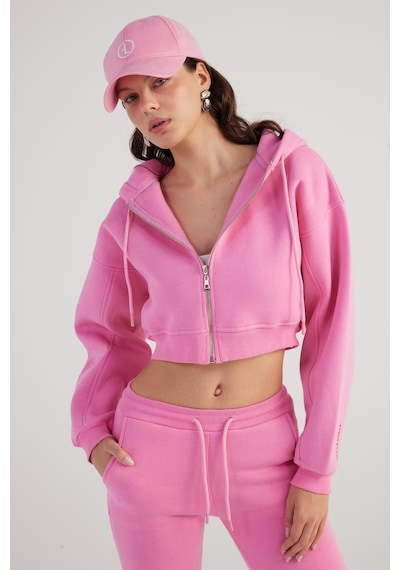 Holly Lolly Kadın Pembe Kapüşonlu Uzun Kol Fermuarlı Crop Mixed Sweat