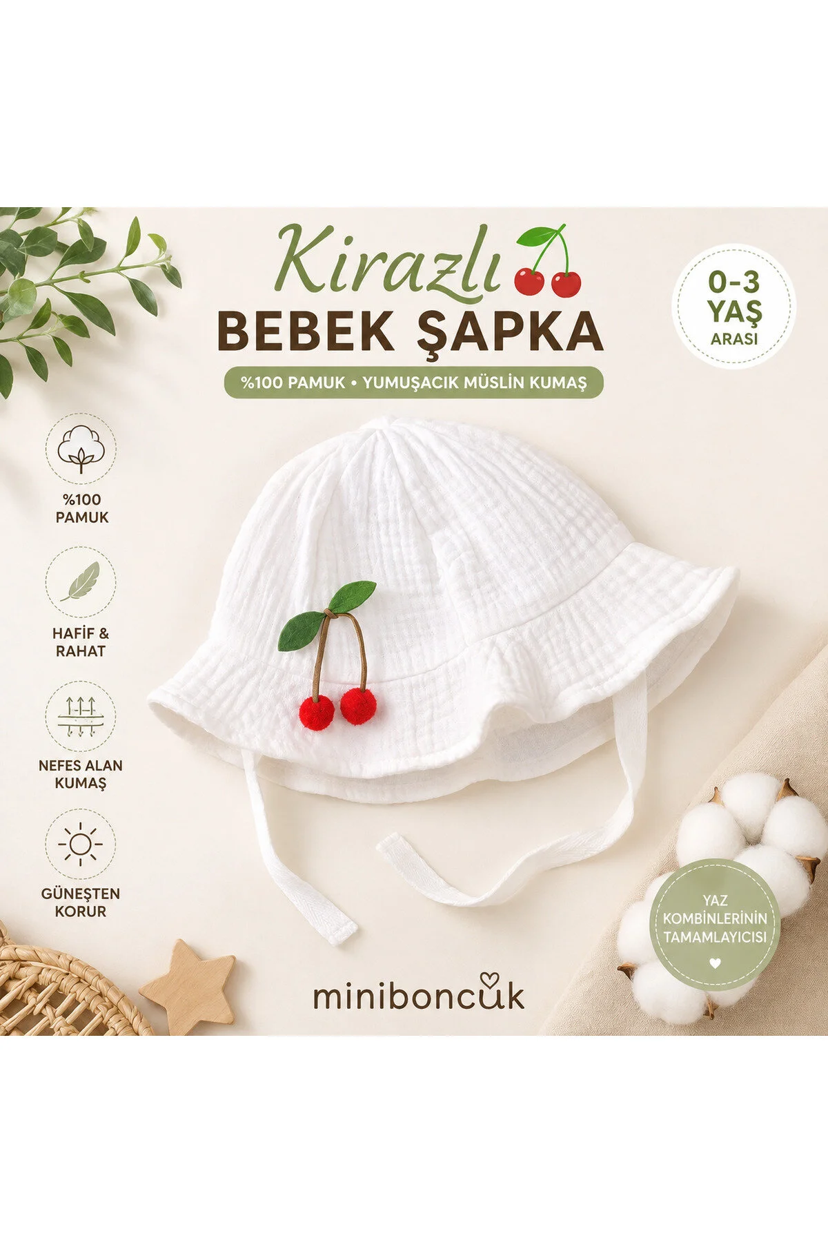 Mini Boncuk Cherry Baby %100 Pamuk Müslin Şapka Beyaz