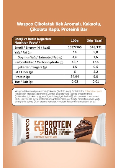 Waspco Bitter Çikolata Kaplı Protein Bar Karma Kutu 36G x 12 Adet 3 Çeşit