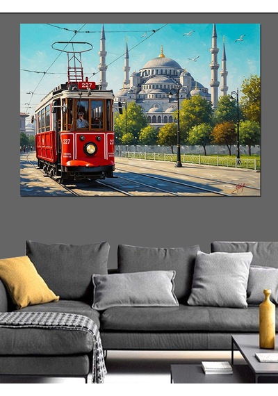 Kırmızı Tramvay İstanbul Şehri Dekoratif Kanvas - Mdf Ahşap Tablo