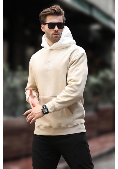 Madmext Bej Kapüşonlu Renk Bloklu Nakış Detaylı Erkek Sweatshirt 7088 Bej