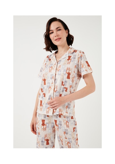 Lela Desenli Kısa Kollu Beli Lastikli Gömlek Yaka Dokuma Regular Fit Bayan Pijama Takımı 6571010 Bej