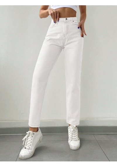 Kadın Mom Fit Jeans Kot Pantolon Beyaz Beyaz
