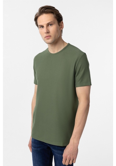 Süvari Koyu Haki Slim Fit Armürlü Bisiklet Yaka Tişört-37381 Koyu Haki
