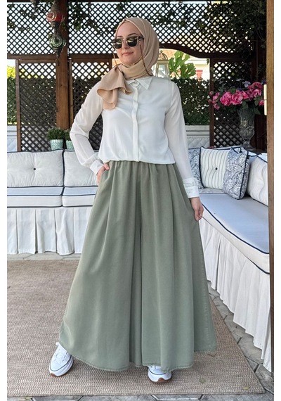Rabia Şamlı Vera Etekli Pantolon Yeşil Normal