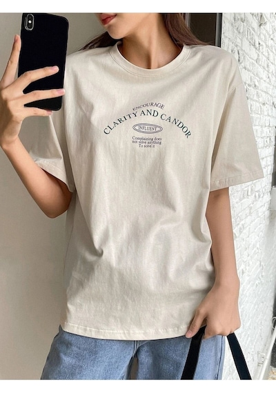 Flood Of Style Kadın Bej Clarity And Candor Baskılı Oversize T-shirt