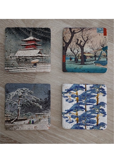 Japon Sanatı Manzaralar Doğal Taş Bardak Altlığı 4'lü Set Taş Çok Renkli