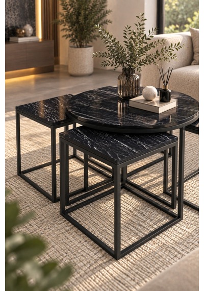 Sulorahome 5'li Sehpa Seti Bendir Siyah Mermer Desenli Metal Ayaklı