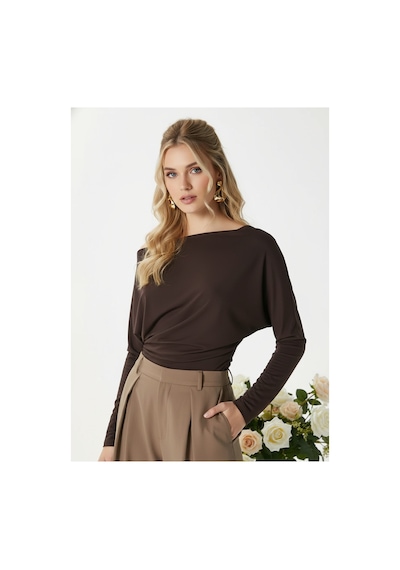 Fiolin Kadın Elegant Asimetrik Omuz Detaylı Bluz kahverengi