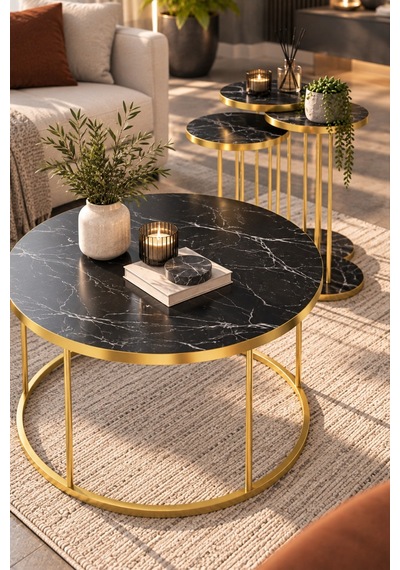 Sulorahome Siyah Mermer Desenli Gold Metal Ayaklı 4'lü Sehpa Seti Altın - Siyah