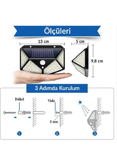 Güneş Enerjili Dış Mekan Solar Duvar Armatürü Beyaz Işık Solar-Beyaz