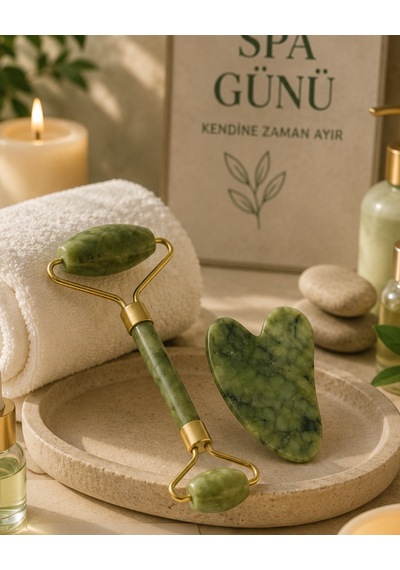 Jade Stone Yüz Bakım Seti Gua Sha Ve Roller Masaj Taşı Çok Renkli